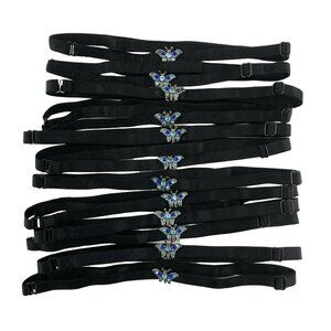 Set Of 12 Adjustable Black Elastic Butterfly Headbands Blue Rhinestone Accents